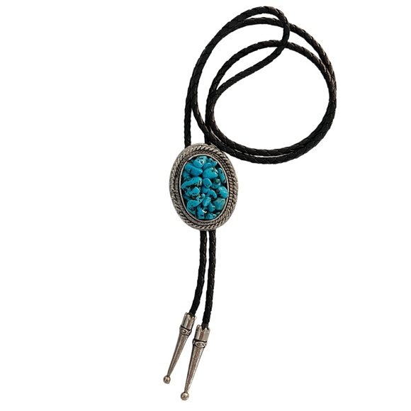 Jewelry - Bolo Tie Turquoise Stones Silver-tone Bezel Woven Leather
